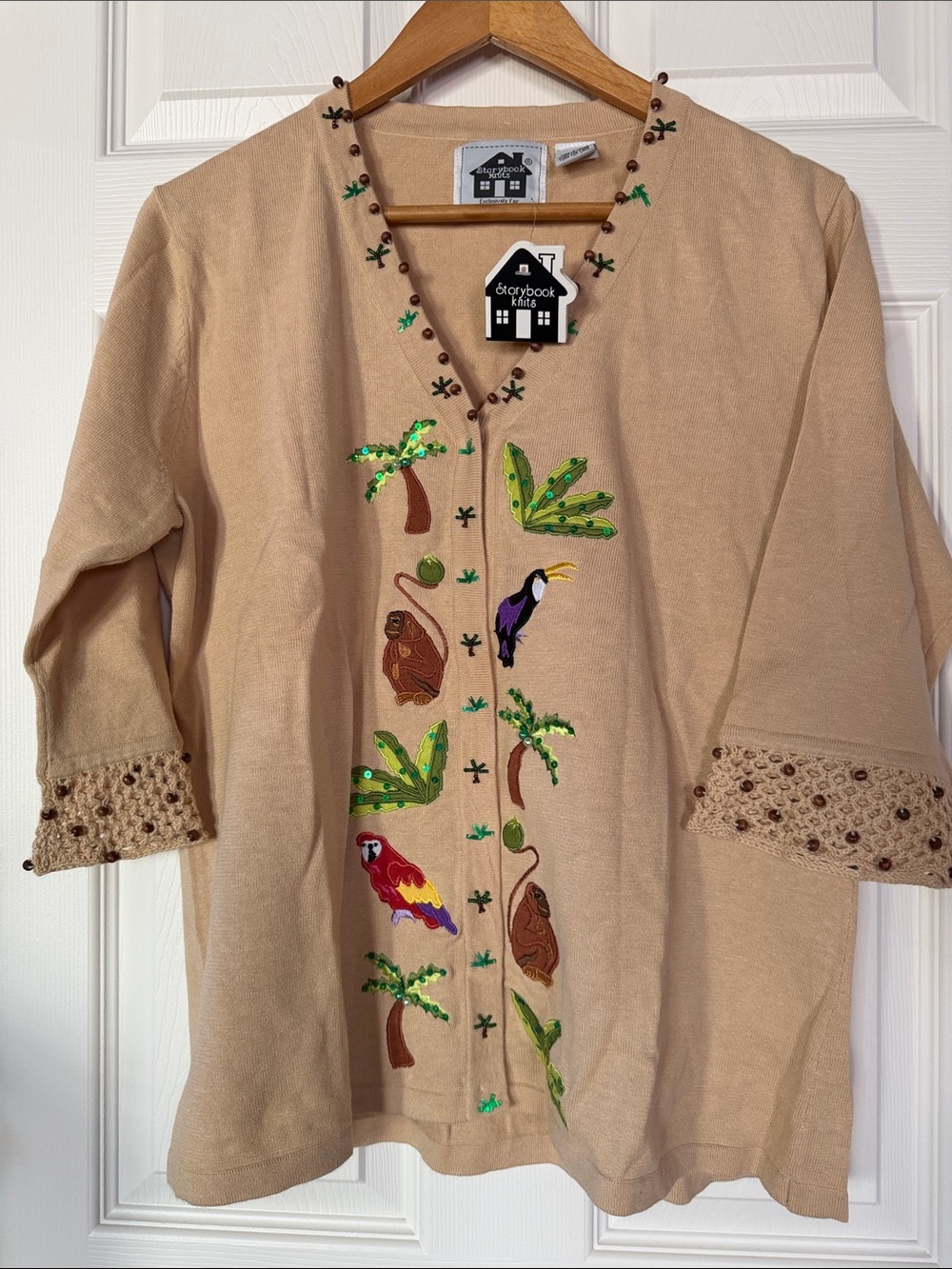 Vintage Storybook Knits Cardigan Sweater Tropical Monkey Palm Tree Beaded NWT